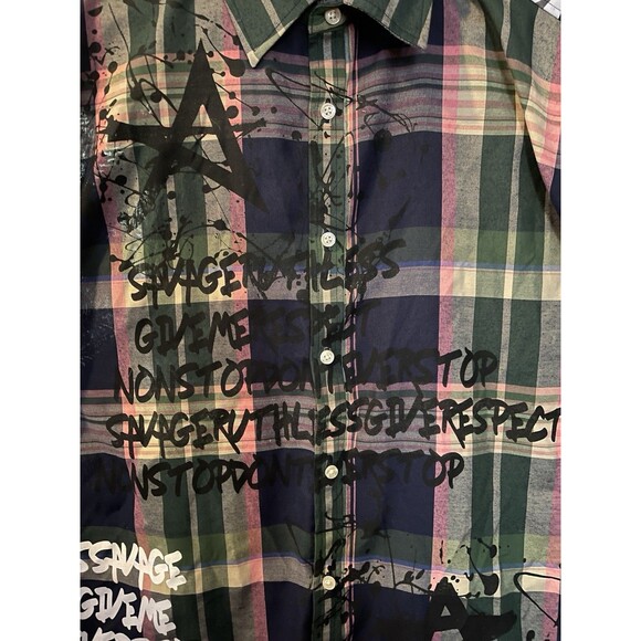 ATTITUDE PLAID Graffiti Print Plaid Button Down Shirt Men's 2XL - Picture 6 of 14